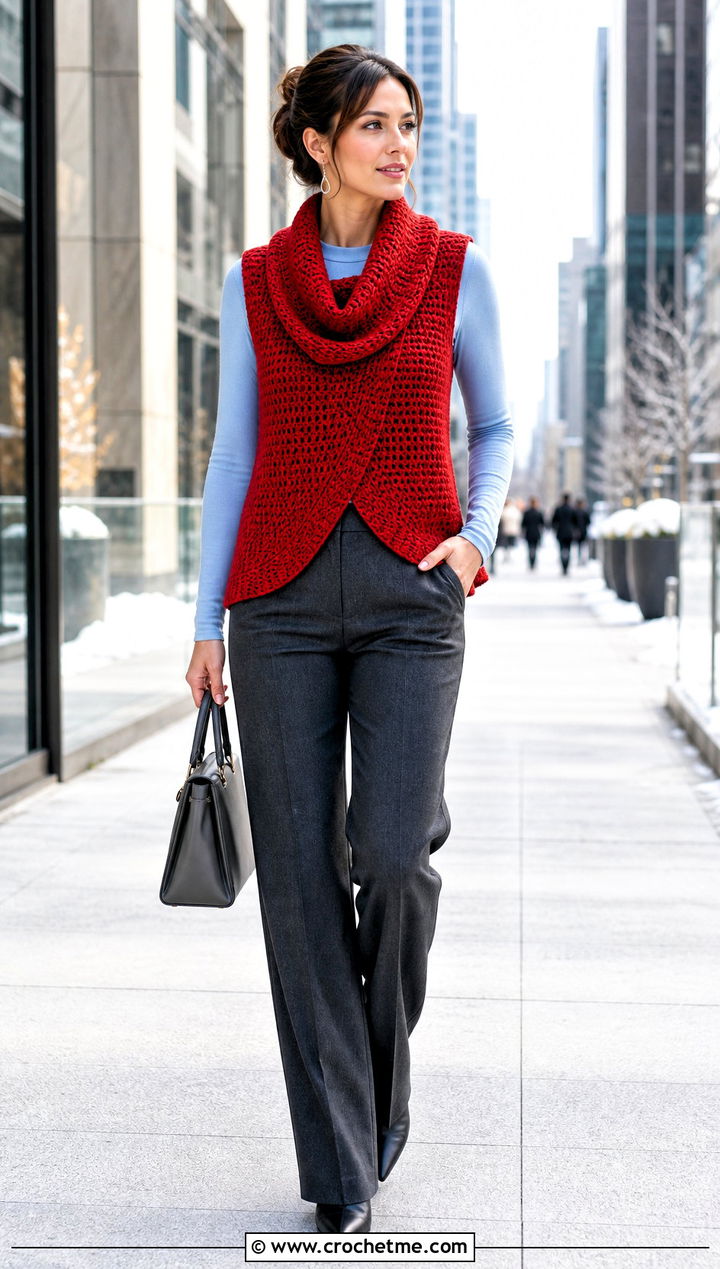 Cowl Neck Crochet Vest With Wool Trousers - 35 crochet vest for women outfit ideas