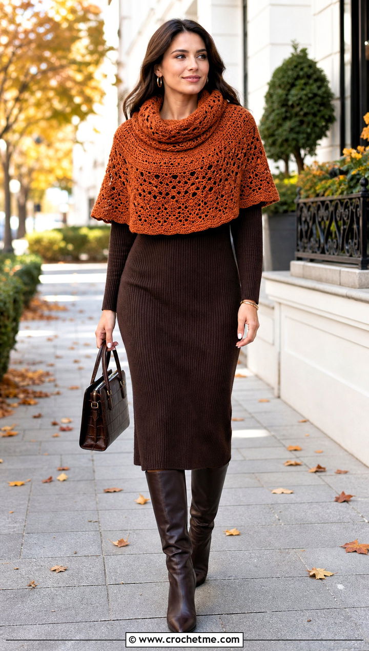Cowl Neck Crocheted Capelet With Knit Dress - 25 Crocheted Capelet outfit ideas