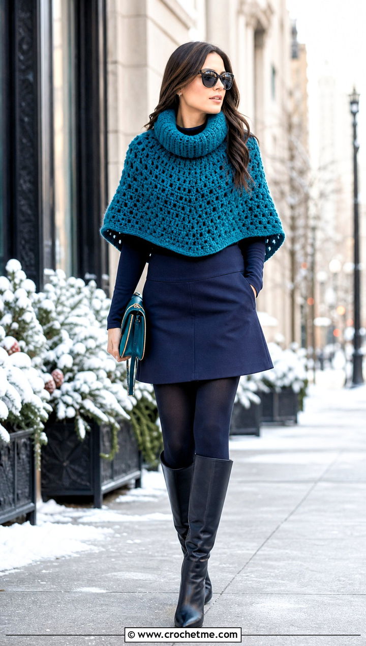 Cowl Neck Cropped Crochet Poncho With a Mini Skirt - 20 Cropped Crochet Poncho outfit ideas