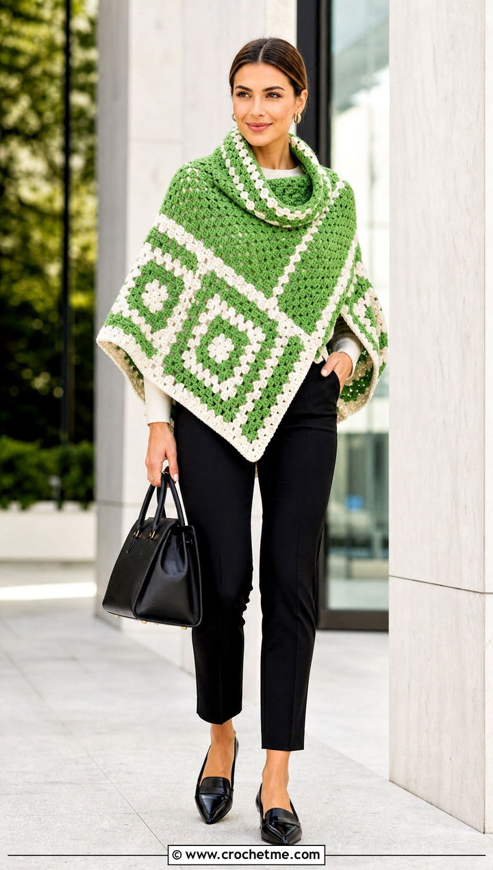 Cowl Neck Granny Square Poncho With Cigarette Pants - 35 granny square poncho outfit ideas