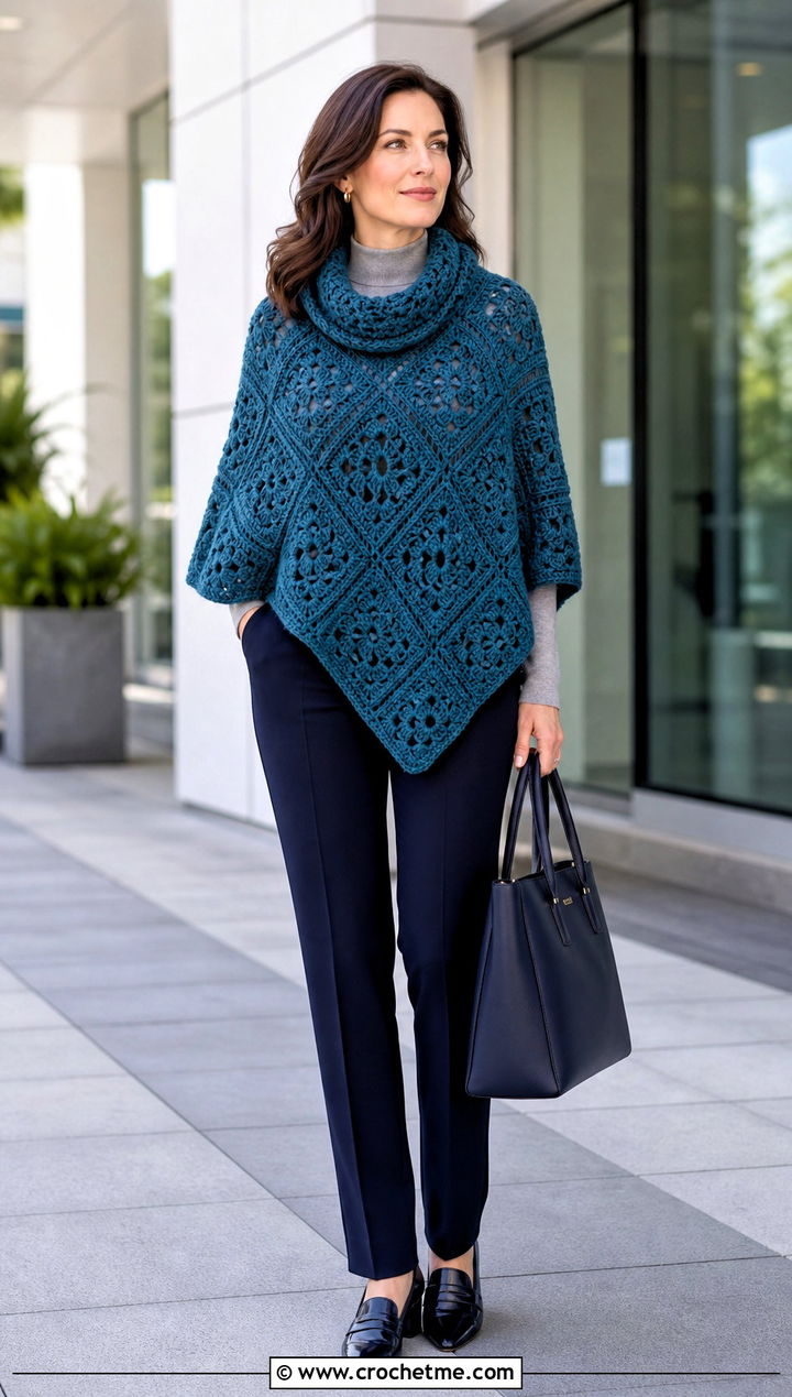 Cowl Neck Granny Square Poncho With Tailored Trousers - 15 easy granny square poncho outfit ideas