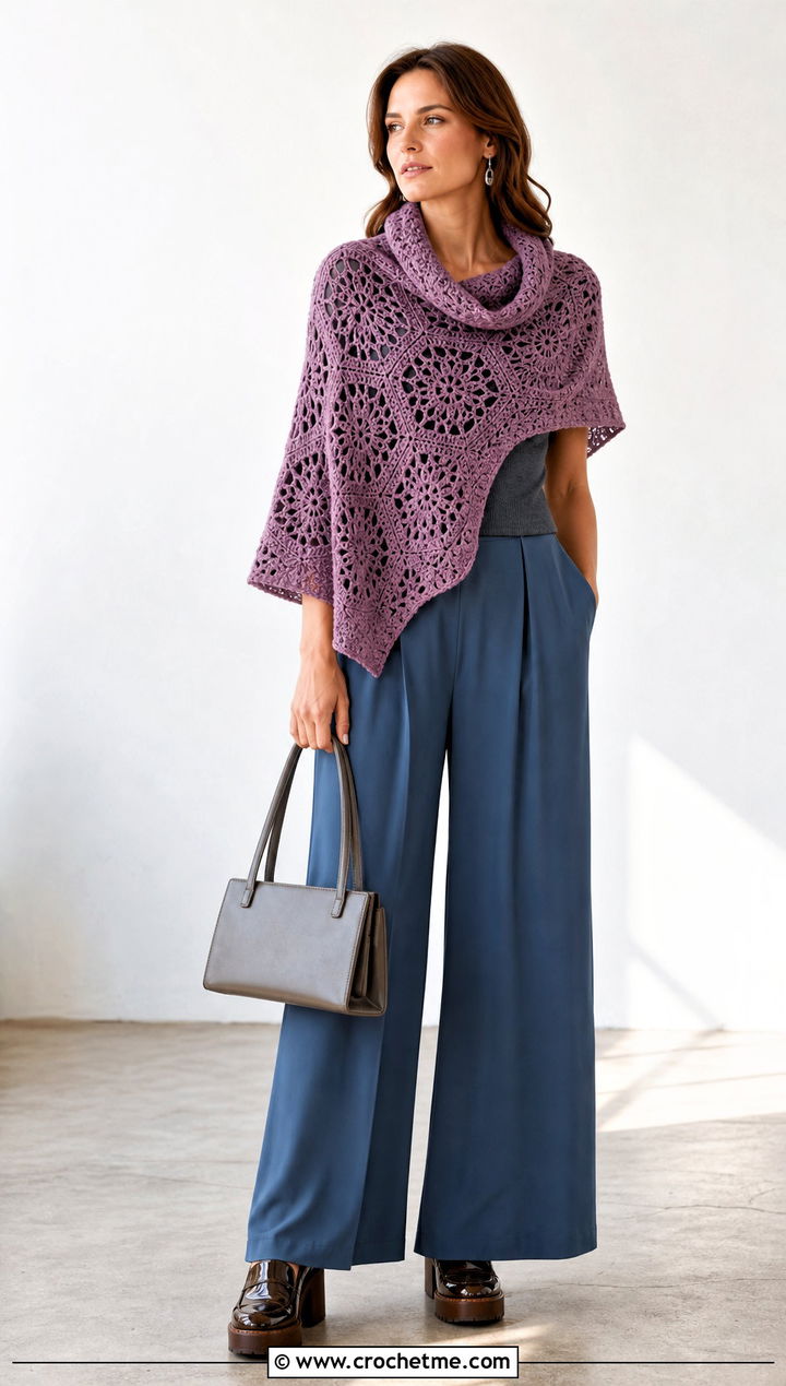 Cowl Neck Hexagon Crochet Poncho With Wide Leg Pants - 20 Hexagon Crochet Poncho outfit ideas