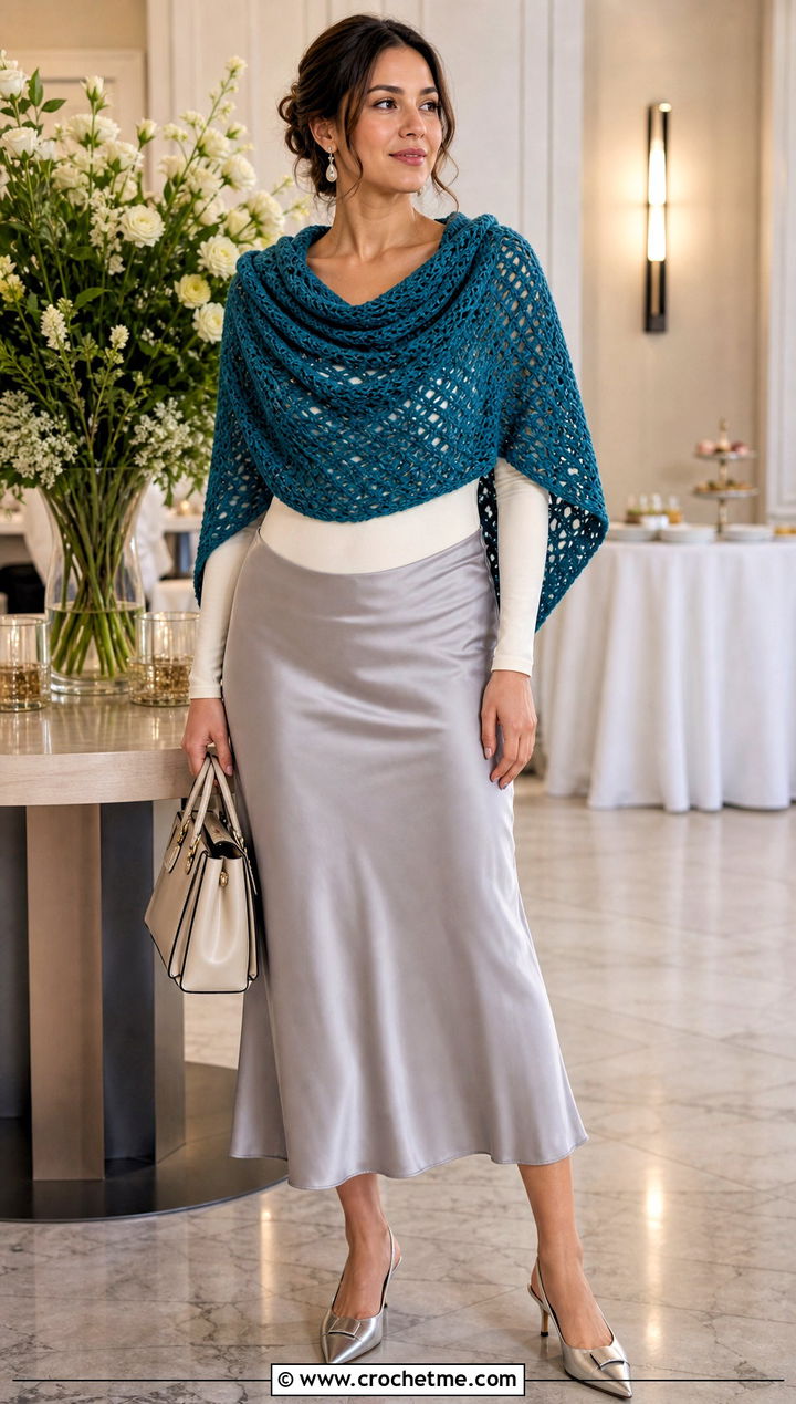 Cowl Neck Highlander Shawl With Satin Midi Skirt - 20 Crochet Highlander Shawl outfit ideas