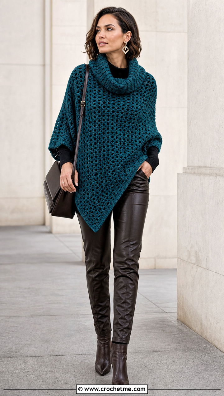 Cowl Neck Martha Stewart Crochet Poncho With Leather Pants - 15 martha stewart crochet poncho outfit ideas