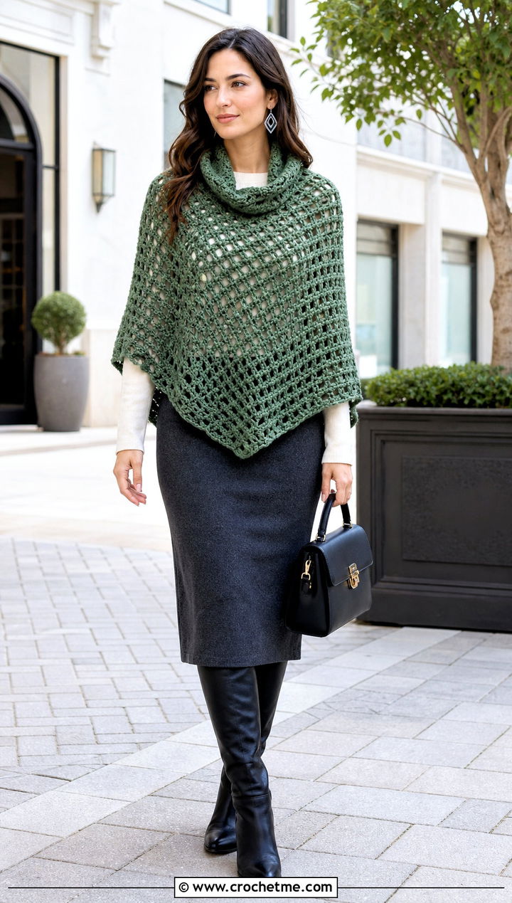 Cowl Neck Mesh Crochet Poncho With Midi Skirt - 25 Mesh Crochet Poncho outfit ideas