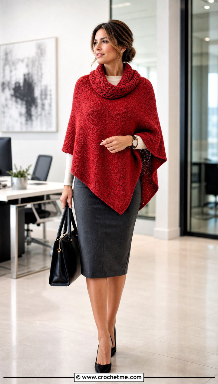 Cowl Neck Rectangle Poncho With Pencil Skirt - 30 crochet rectangle poncho outfit ideas