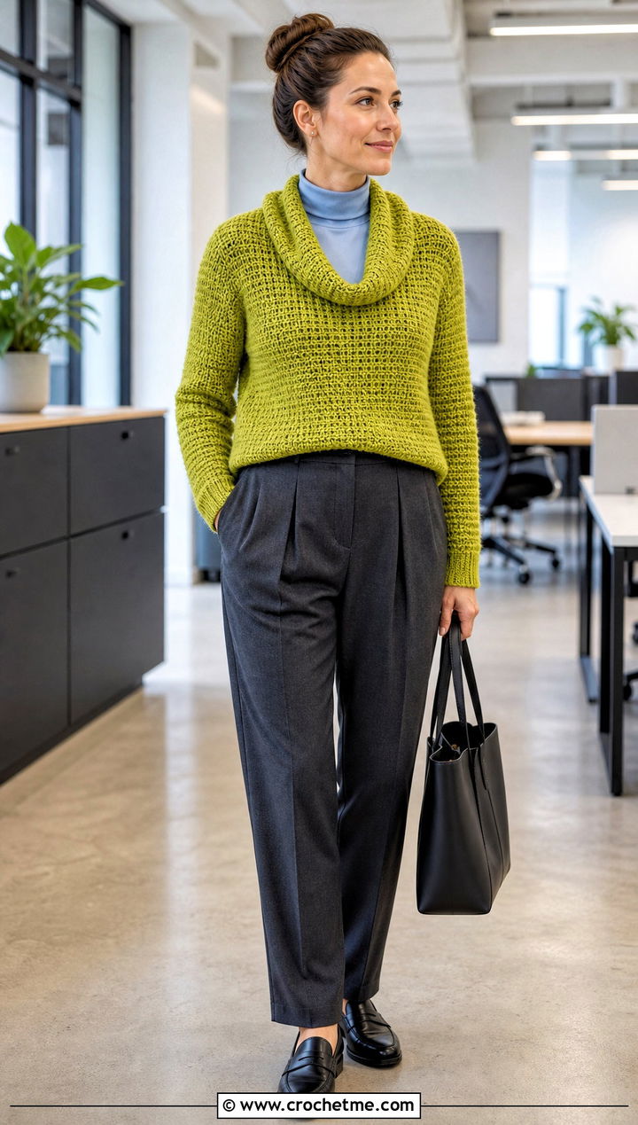 Cowl Neck Sofa Crochet Sweater With Tailored Trousers - 15 sofa crochet sweater outfit ideas