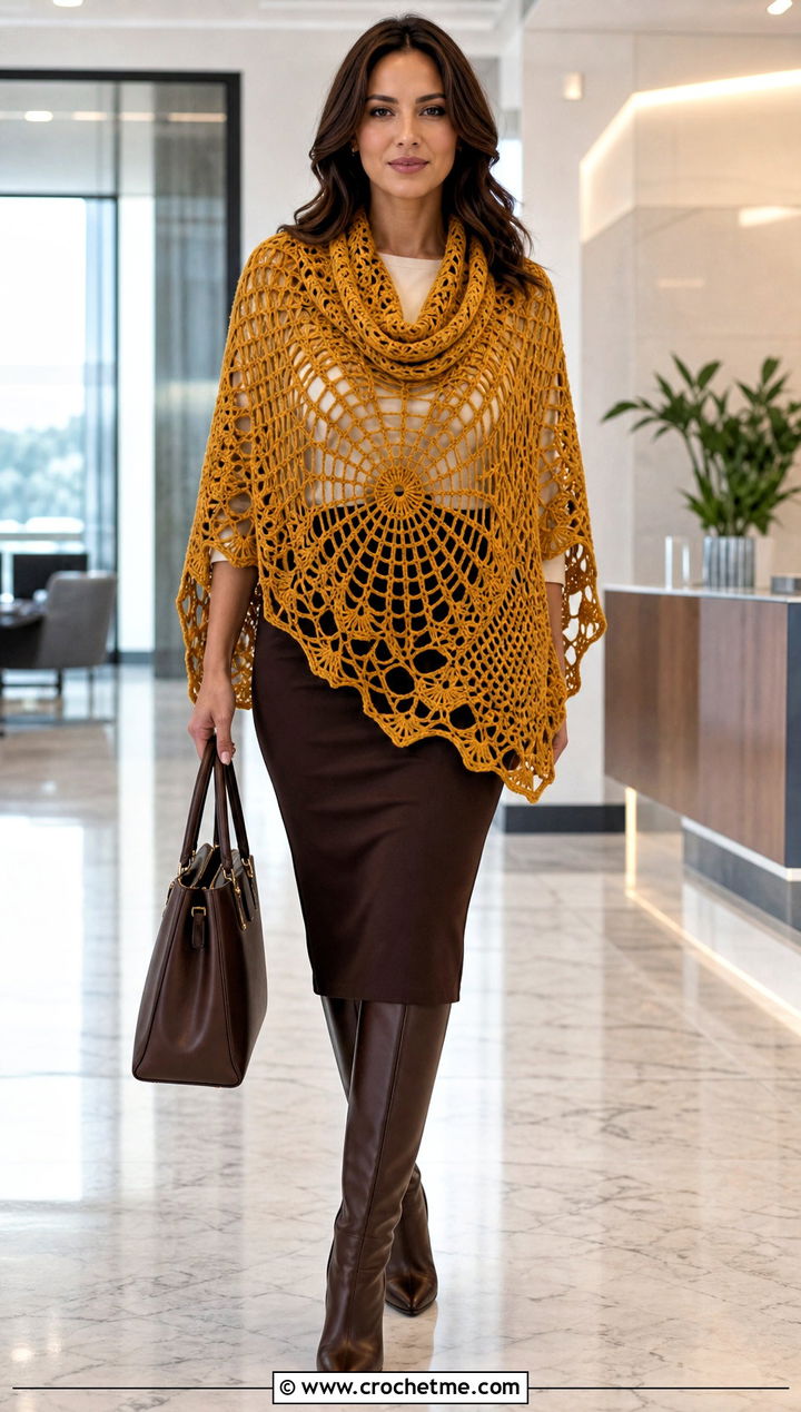 Cowl Neck Spider Web Crochet Poncho With Pencil Skirt - 20 Spider Web Crochet Poncho outfit ideas