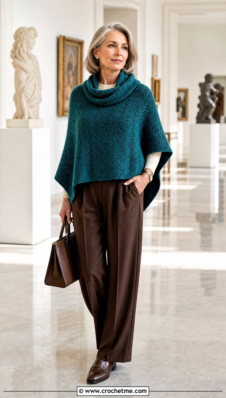 Cowl Neck Uptown Crochet Poncho With Pleated Trousers - 15 Uptown Crochet Poncho outfit ideas