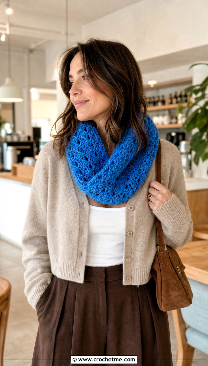 Cowl One Ball Crochet Scarf With Cropped Cardigan - 15 one ball crochet scarf outfit ideas