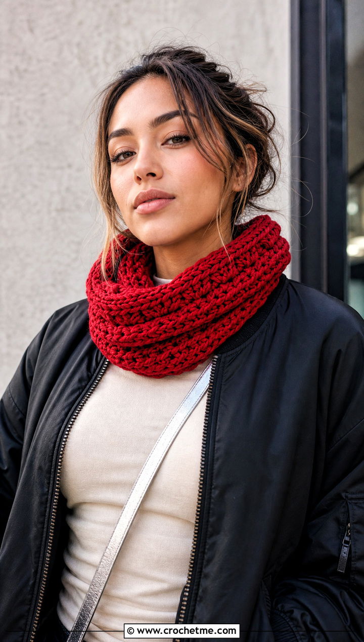 Cowl Red Crochet Scarf With Bomber Jacket And Cargo Pants - 25 taylor swift red crochet scarf outfit ideas
