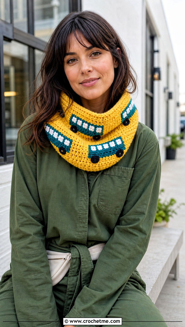 Cowl School Bus Scarf With Utility Jumpsuit - 25 Crochet School Bus Scarf outfit ideas