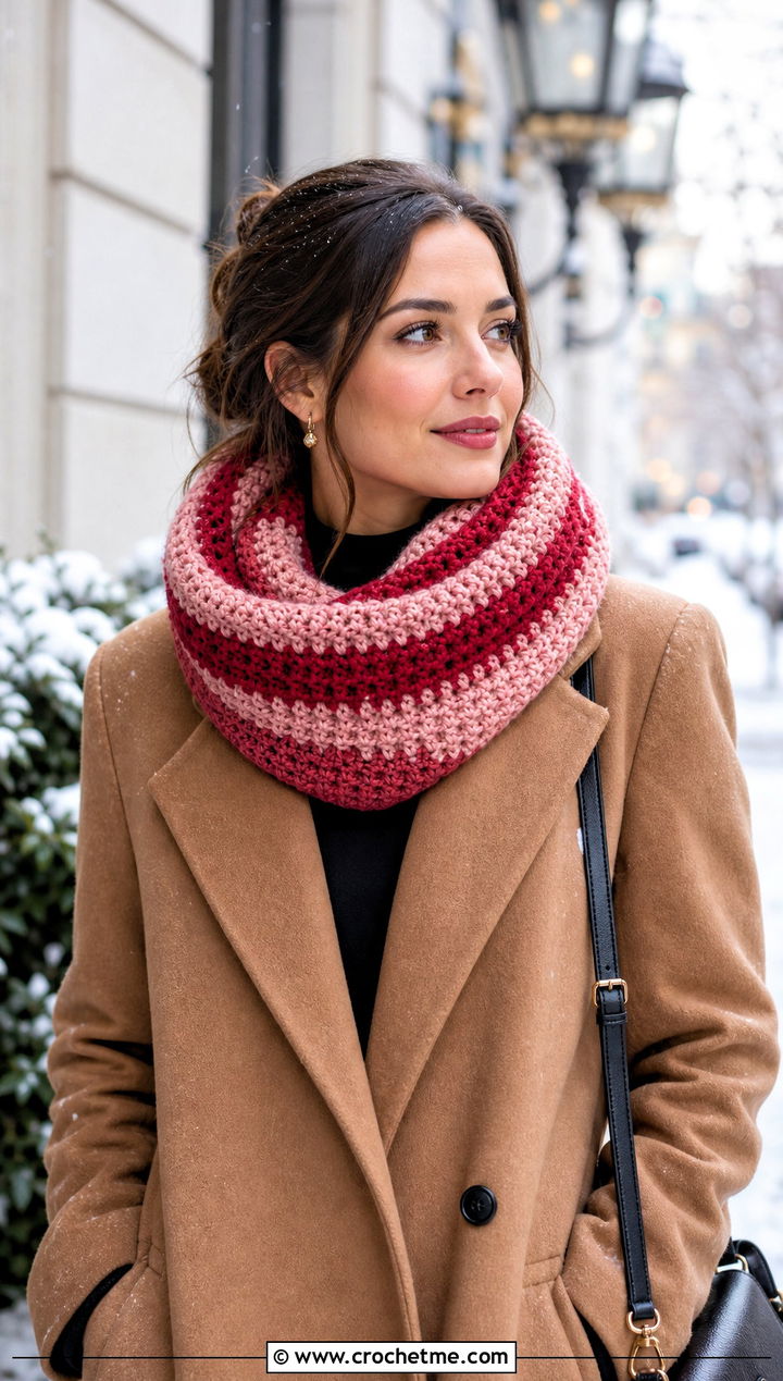 Cowl Stripe Crochet Scarf With Midi Coat - 30 Stripe Crochet Scarf outfit ideas
