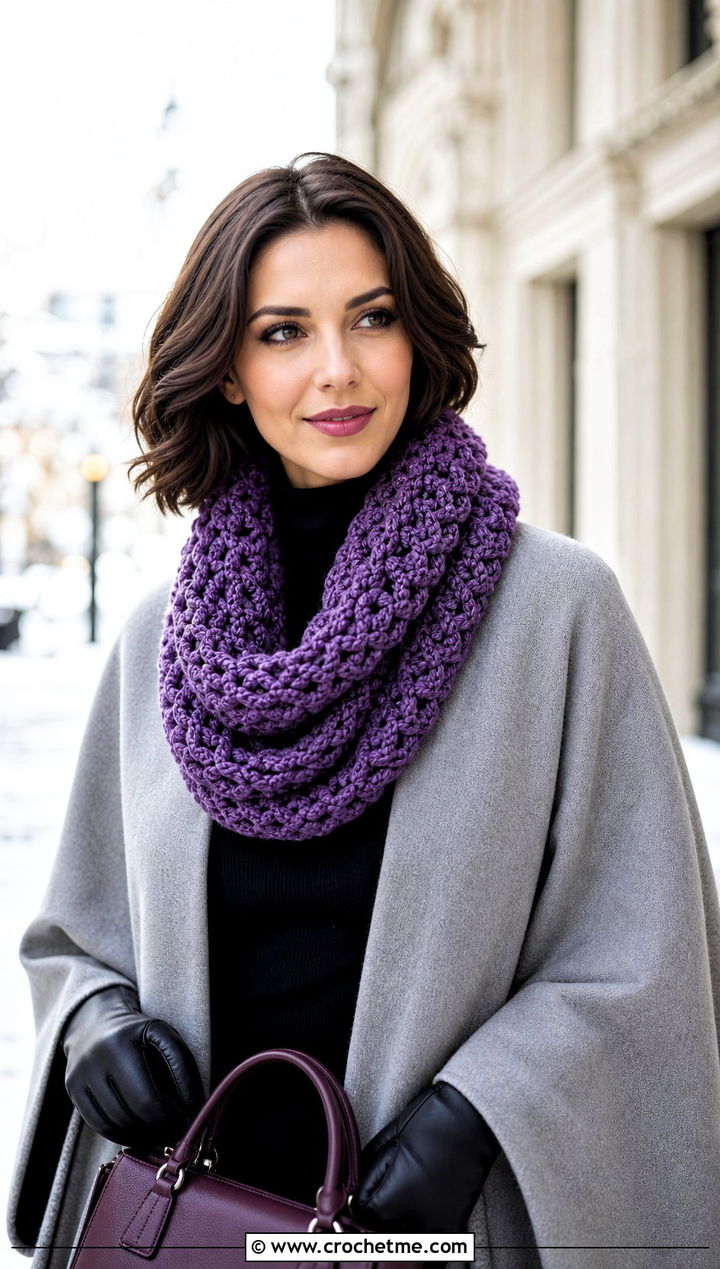 Cowl Style Crochet Infinity Scarf With Cape Coat - 30 easy crochet infinity scarf outfit ideas