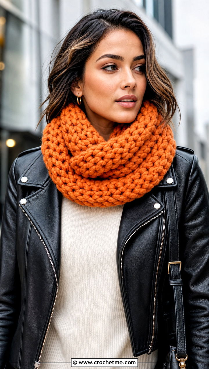 Cowl Super Chunky Crochet Scarf With Leather Jacket - 25 Super Chunky Crochet Scarf outfit ideas