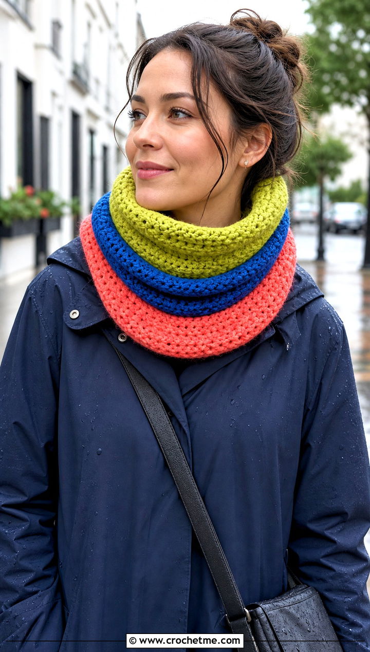 Cowl Temperature Scarf With Raincoat - 30 crochet temperature scarf outfit ideas