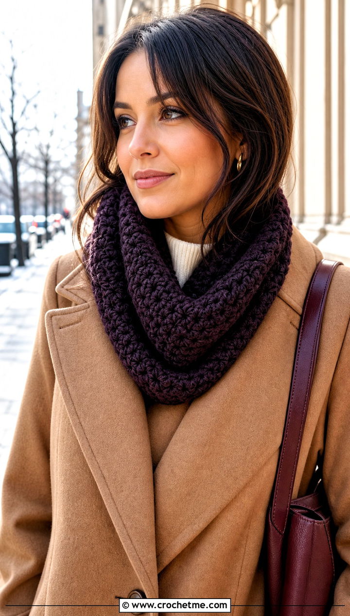 Cowl Thermal Stitch Crochet Scarf With Wool Coat - 20 Thermal Stitch Crochet Scarf outfit ideas