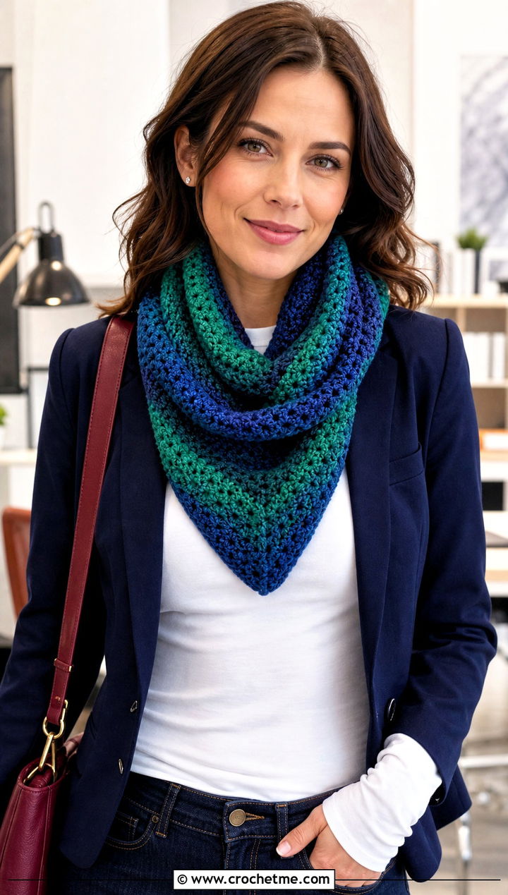 Cowl Variegated Crochet Scarf With Blazer And Jeans - 25 Variegated Yarn Crochet Scarf outfit ideas