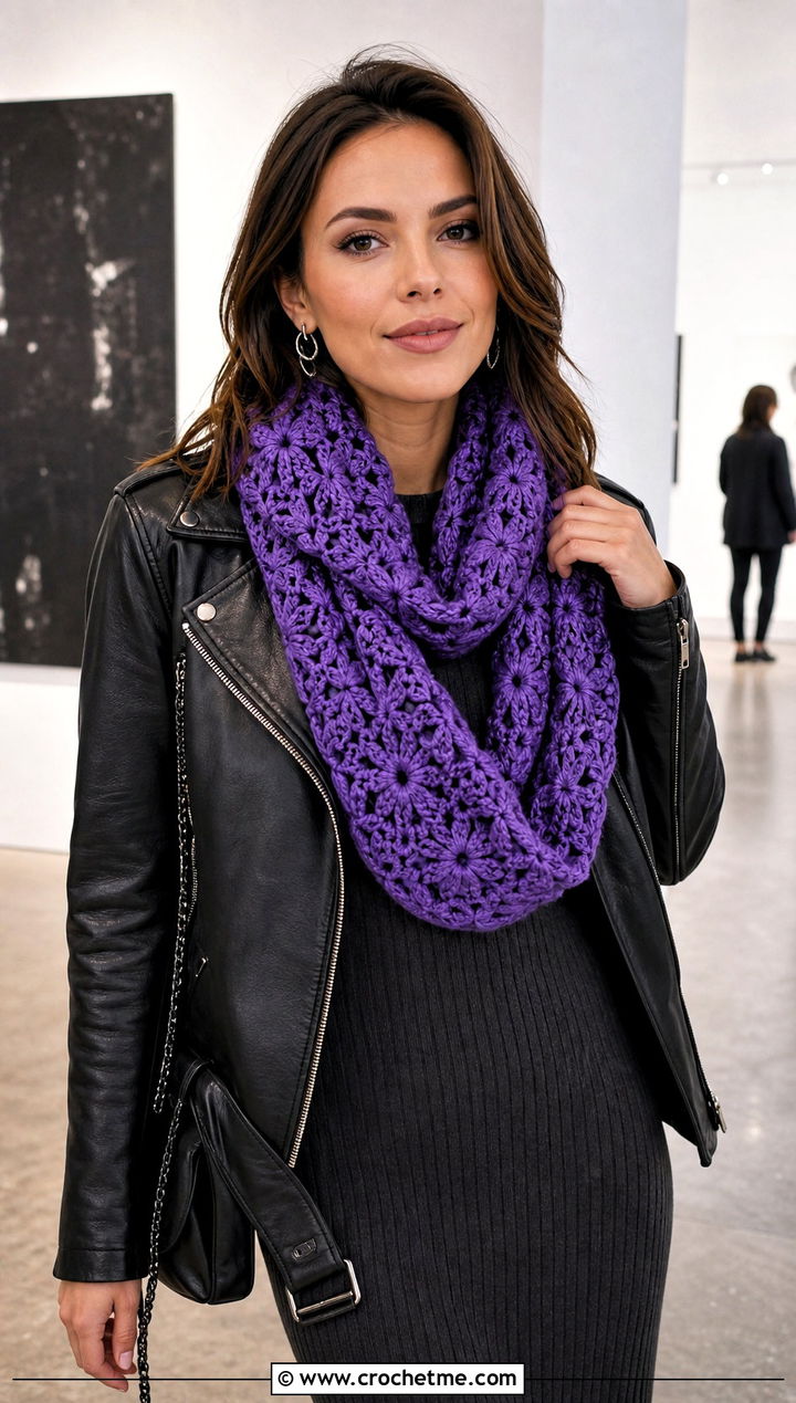Cowl Wrapped Bellflower Infinity Crochet Scarf With Leather Jacket - 15 bellflower infinity crochet scarf outfit ideas
