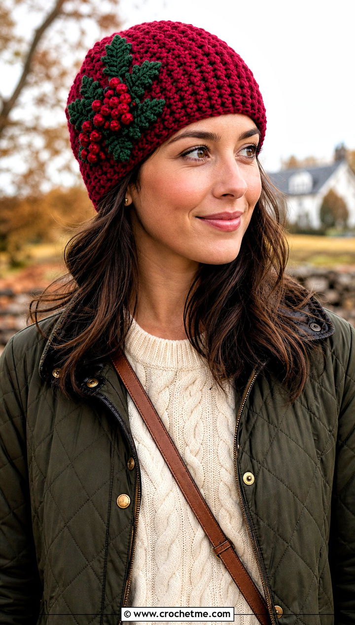 Cranberry Crochet Beanie With Quilted Jacket - 30 crochet fruit beanie outfit ideas