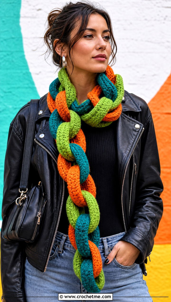 Crayon Link Crochet Scarf With Leather Jacket - 15 Crochet Crayon Scarf outfit ideas