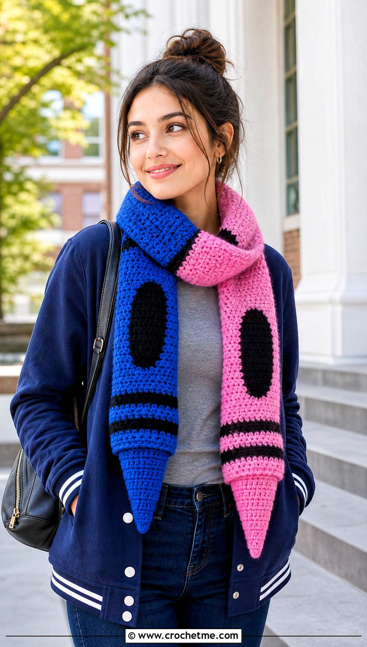 Crayon Shaped Crochet Scarf With Varsity Jacket - 15 Crochet Crayon Scarf outfit ideas