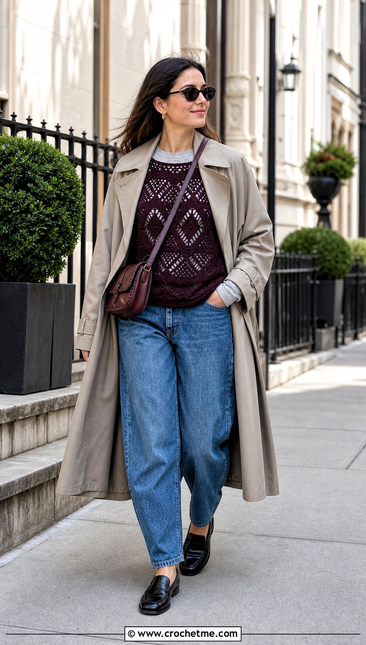 Crazy Love Top With Barrel Jeans And Trench Coat - 15 Crochet Crazy Love Top outfit ideas