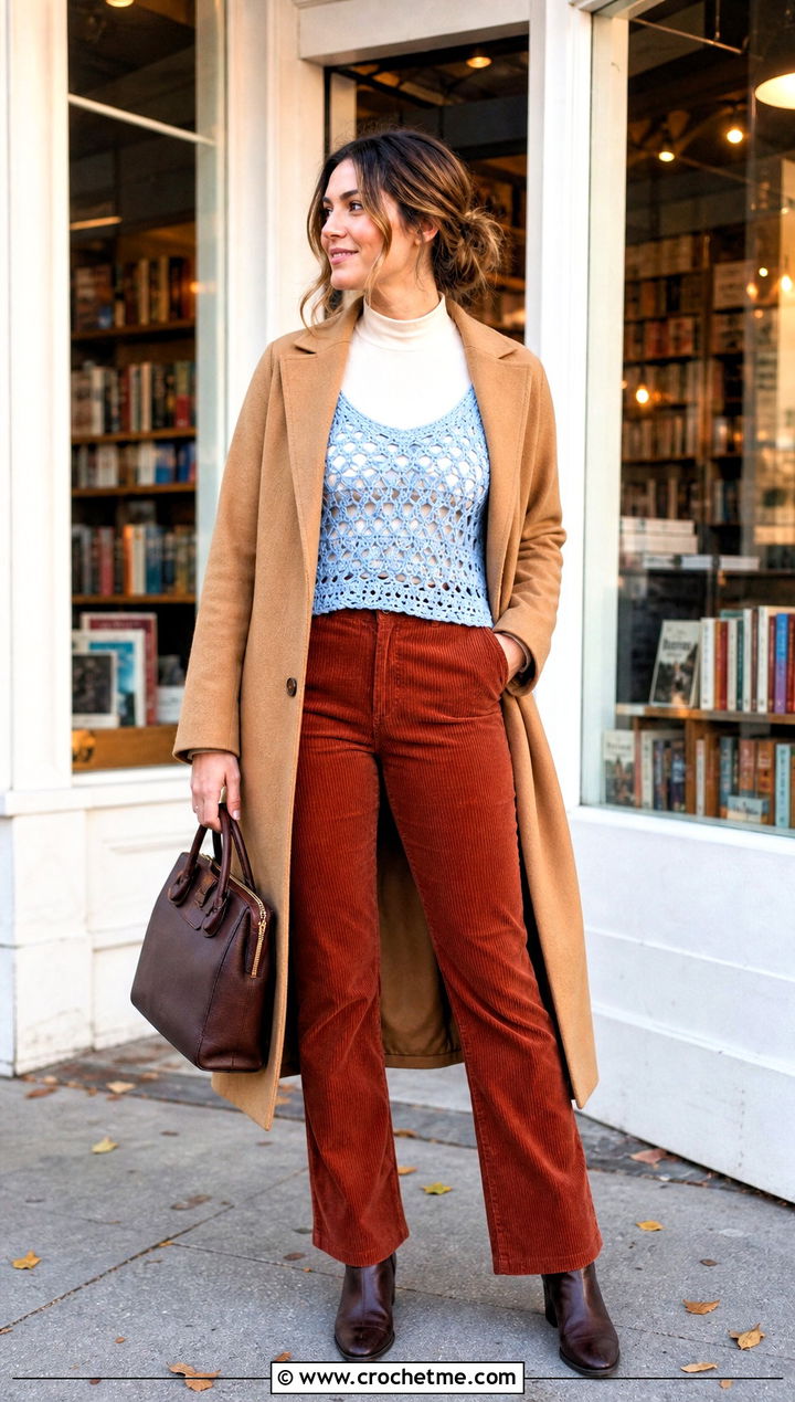 Crazy Love Top With Corduroy Pants - 15 Crochet Crazy Love Top outfit ideas
