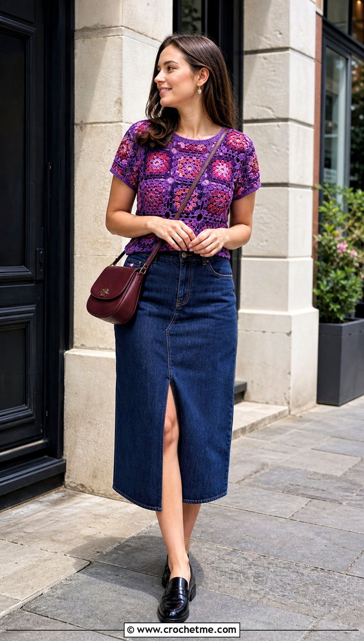 Crazy Love Top With Denim Midi Skirt - 15 Crochet Crazy Love Top outfit ideas