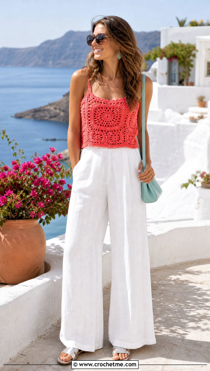Crazy Love Top With White Wide Leg Pants - 15 Crochet Crazy Love Top outfit ideas