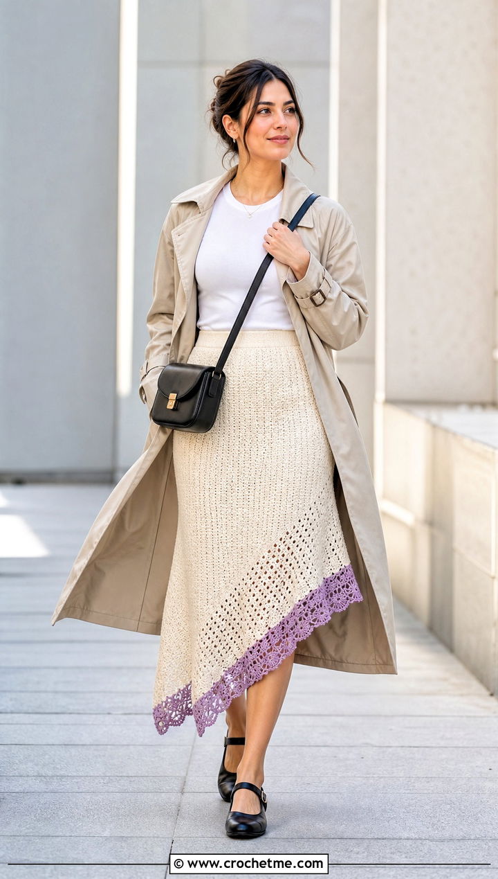 Cream Asymmetric Crochet Skirt With Trench Coat - 25 cream crochet skirt outfit ideas