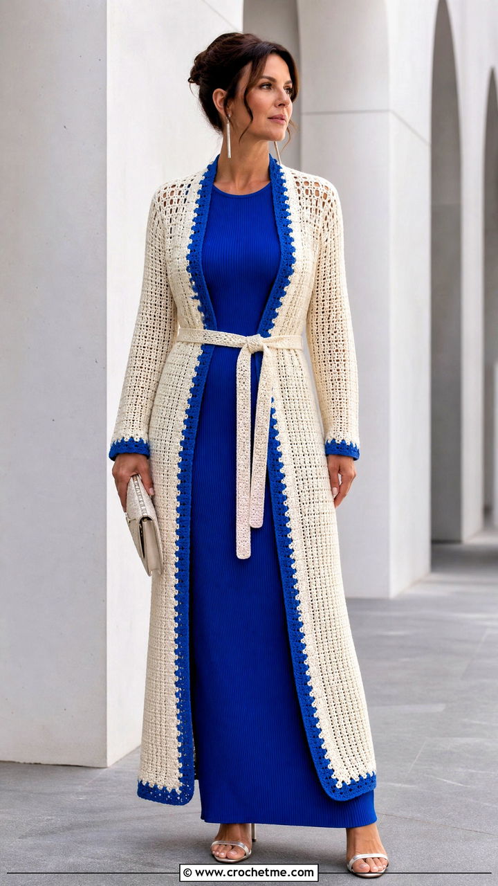 Cream Belted Crochet Duster Cardigan With Column Dress - 35 Cream Crochet Cardigan Outfit ideas