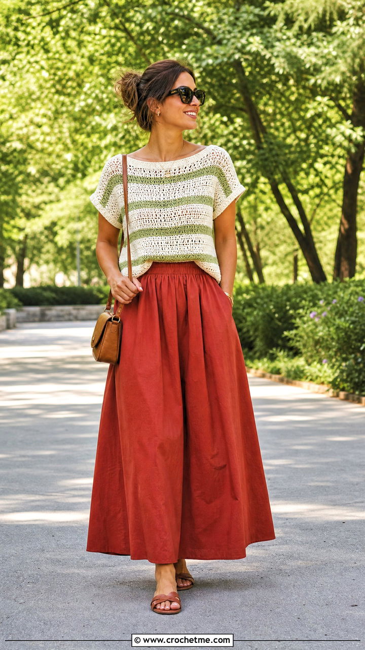 Cream Boat Neck Crochet Tee With Poplin Maxi Skirt - 35 Cream Crochet Top outfit ideas