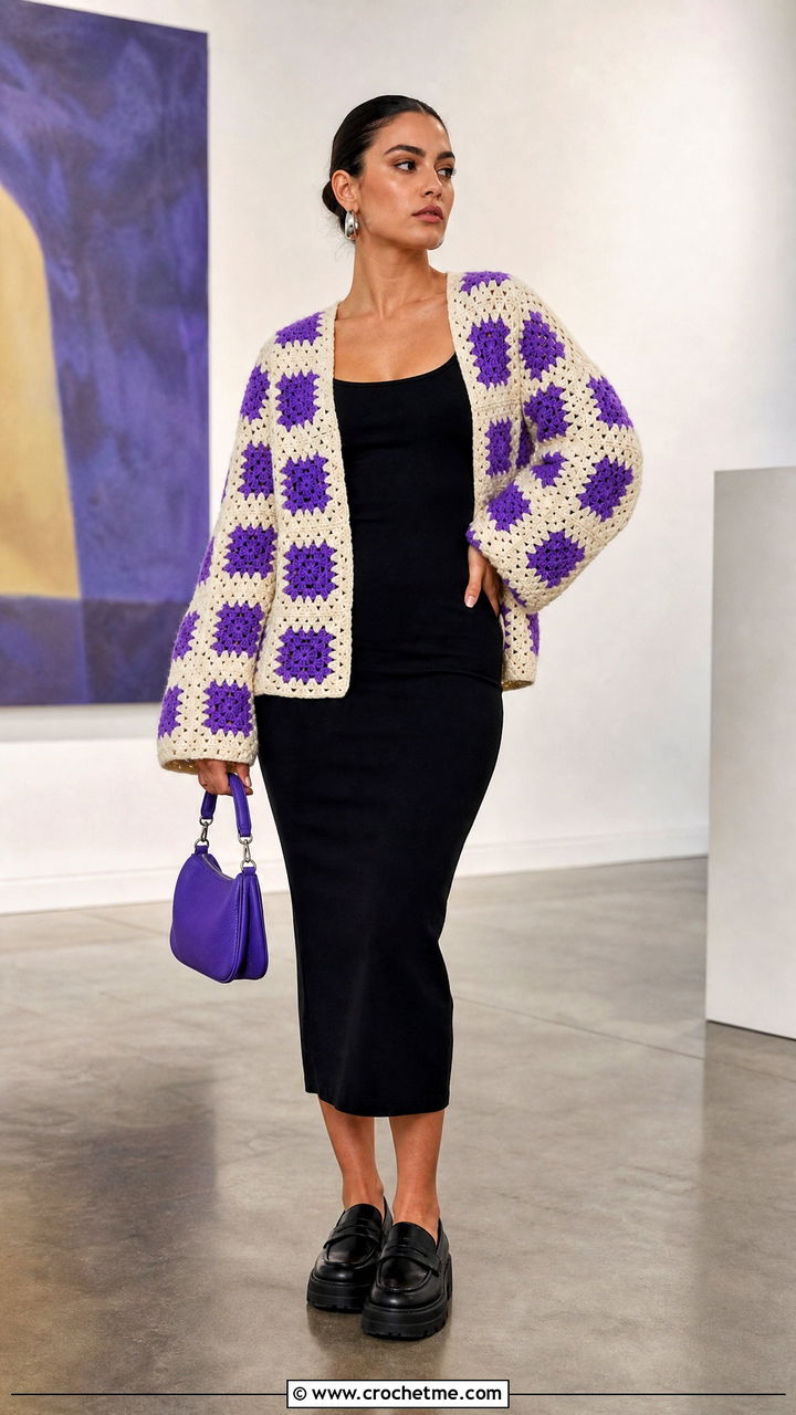 Cream Checkerboard Crochet Cardigan With Black Dress - 35 Cream Crochet Cardigan Outfit ideas