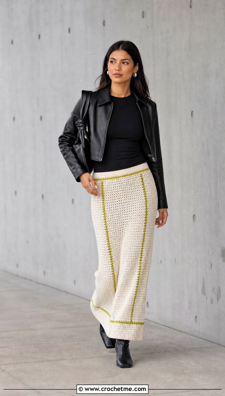 Cream Column Crochet Skirt With Leather Jacket - 25 cream crochet skirt outfit ideas