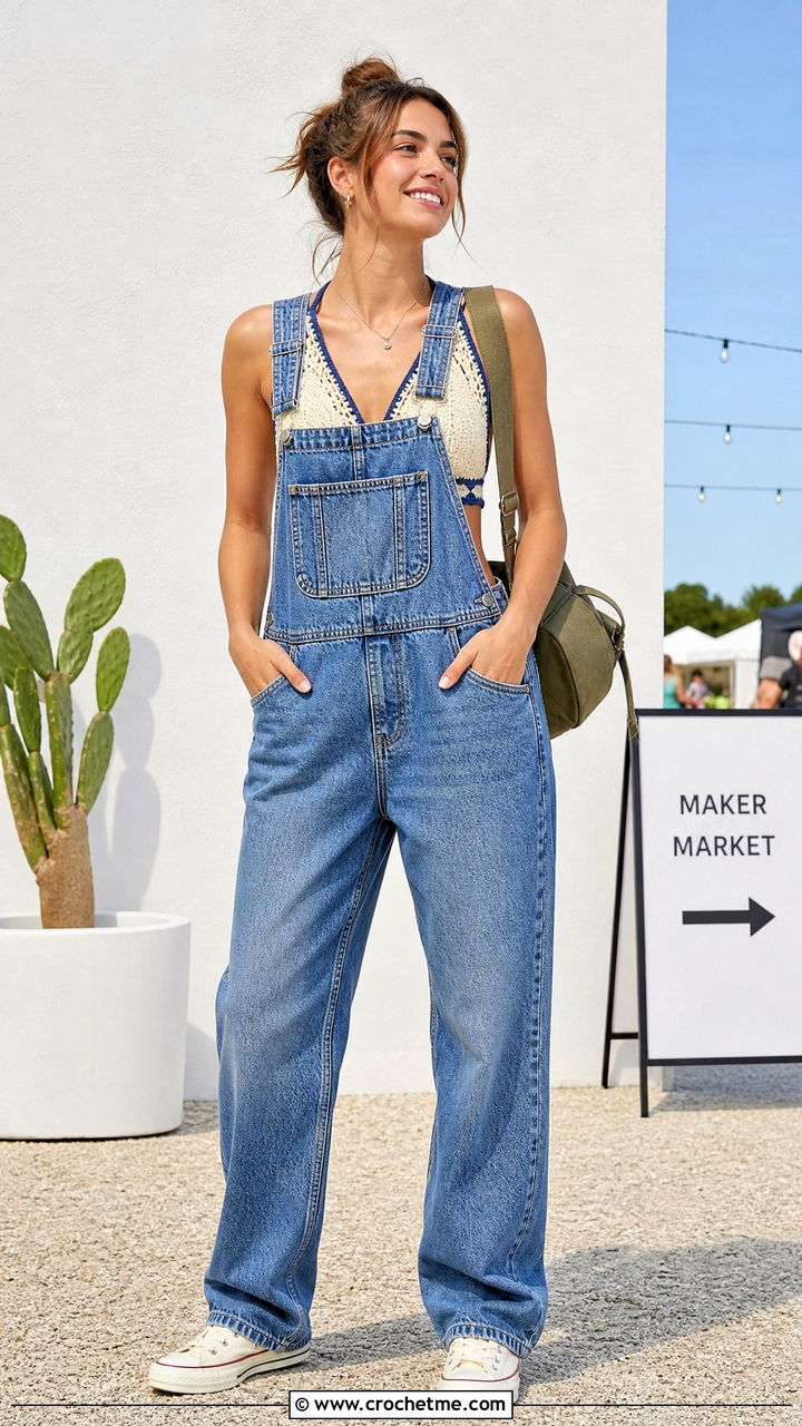 Cream Crochet Bralette Top With Denim Overalls - 35 Cream Crochet Top outfit ideas