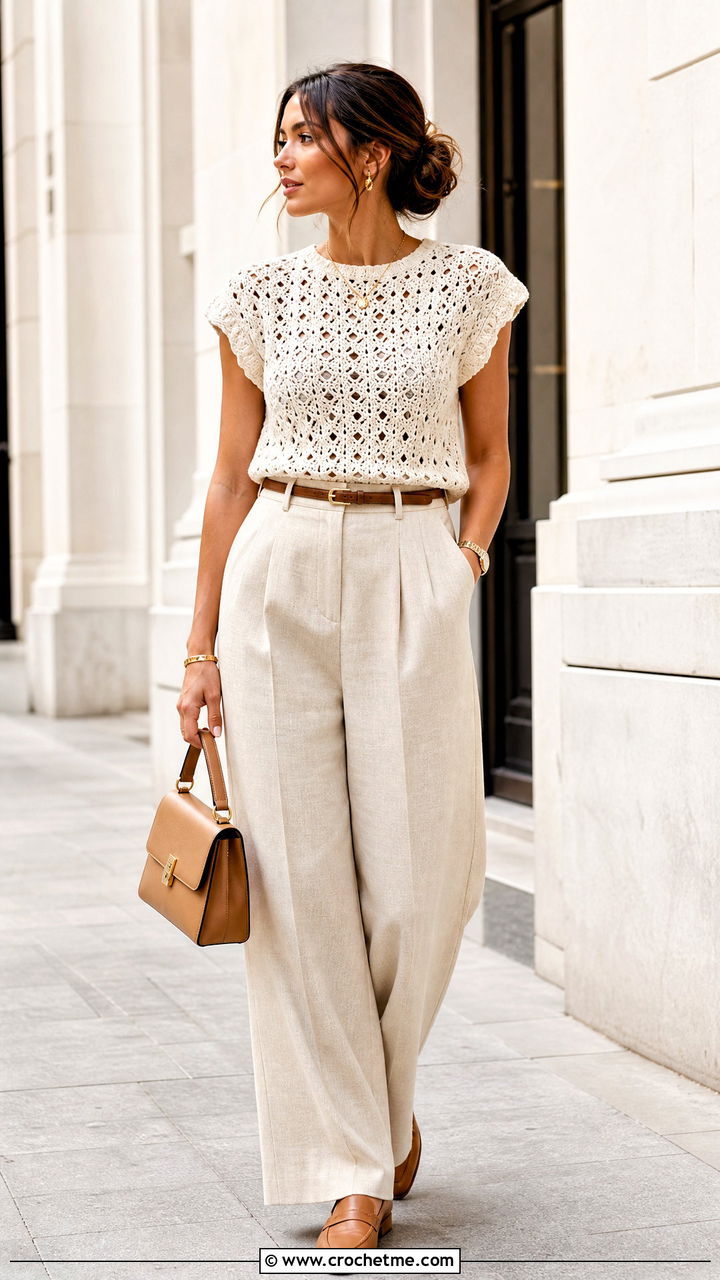 Cream Crochet Top With Neutral Pants - 35 crochet tops outfit ideas