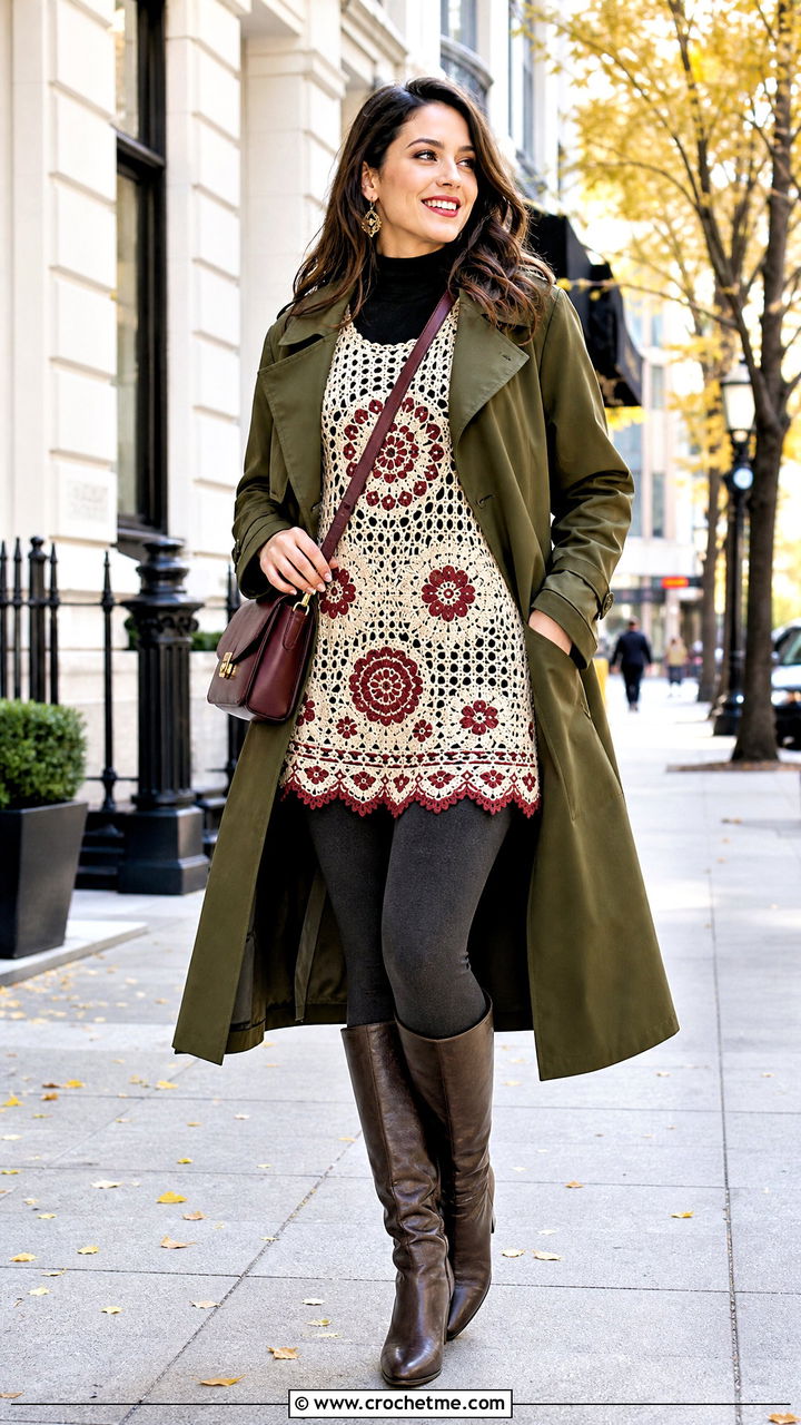 Cream Crochet Tunic Top With Leggings And Trench Coat - 35 Cream Crochet Top outfit ideas