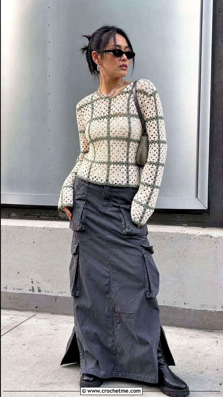 Cream Filet Crochet Top With Cargo Maxi Skirt - 35 Cream Crochet Top outfit ideas
