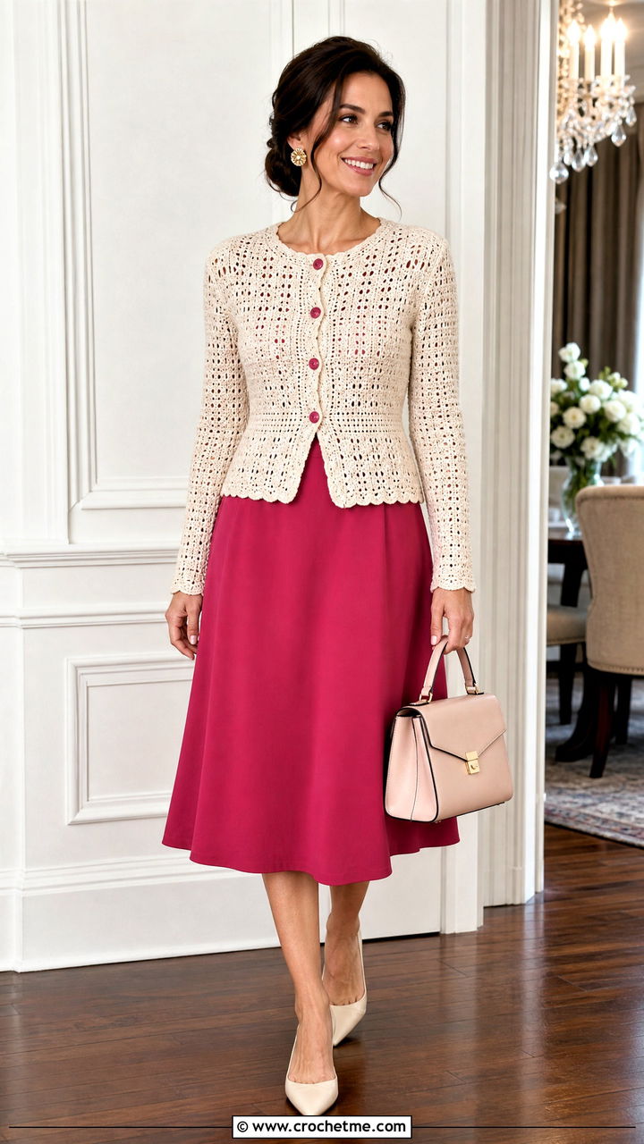 Cream Fitted Waist Crochet Cardigan With A Line Dress - 35 Cream Crochet Cardigan Outfit ideas