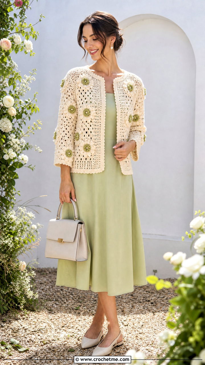 Cream Floral Crochet Cardigan With Midi Dress - 35 Cream Crochet Cardigan Outfit ideas