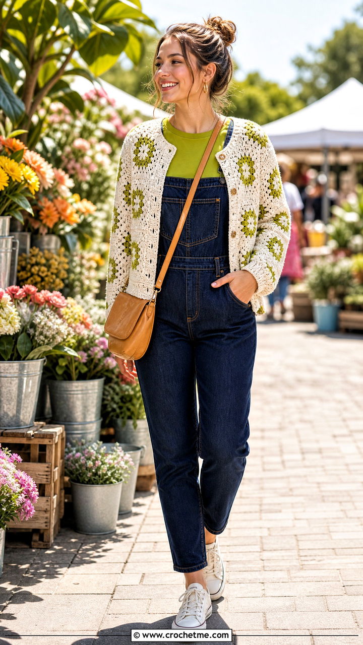 Cream Floral Motif Crochet Cardigan With Overalls - 35 Cream Crochet Cardigan Outfit ideas