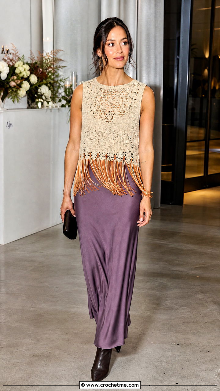 Cream Fringe Hem Crochet Top With Bias Cut Maxi Skirt - 35 Cream Crochet Top outfit ideas