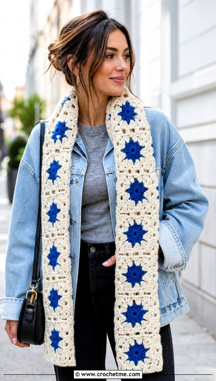 Cream Granny Square Crochet Scarf With Denim Jacket - 15 neutral tone crochet scarf outfit ideas