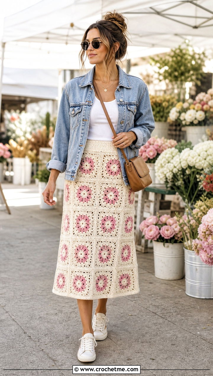 Cream Granny Square Crochet Skirt With Denim Jacket - 25 cream crochet skirt outfit ideas