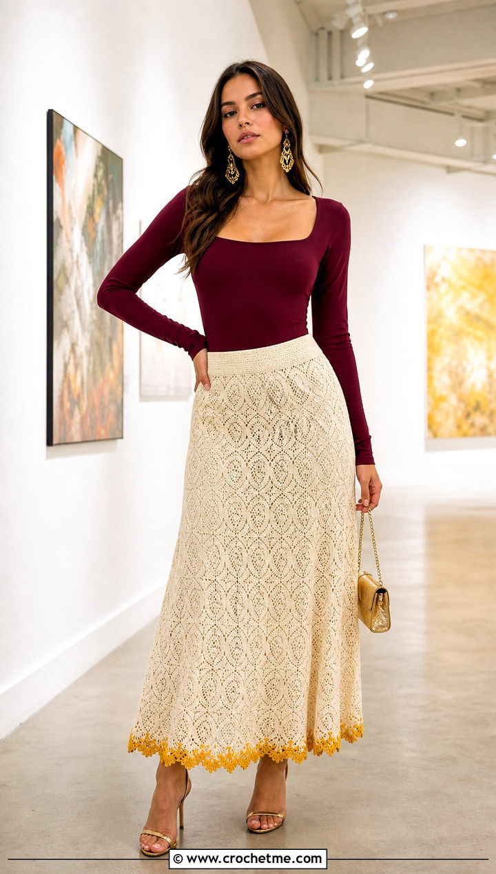 Cream Lace Crochet Maxi Skirt With Bodysuit - 25 cream crochet skirt outfit ideas