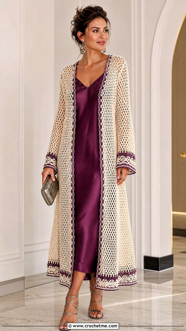 Cream Longline Mesh Crochet Cardigan With Slip Dress - 35 Cream Crochet Cardigan Outfit ideas