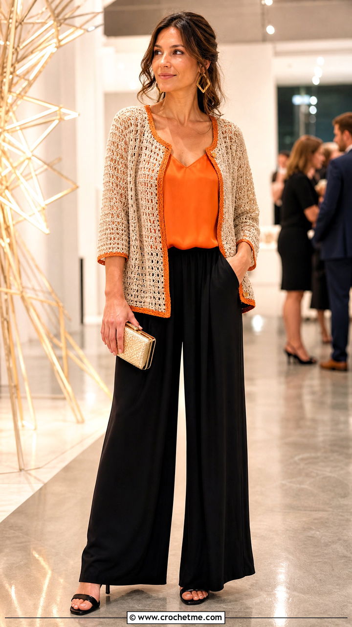 Cream Metallic Thread Crochet Cardigan With Palazzo Pants - 35 Cream Crochet Cardigan Outfit ideas