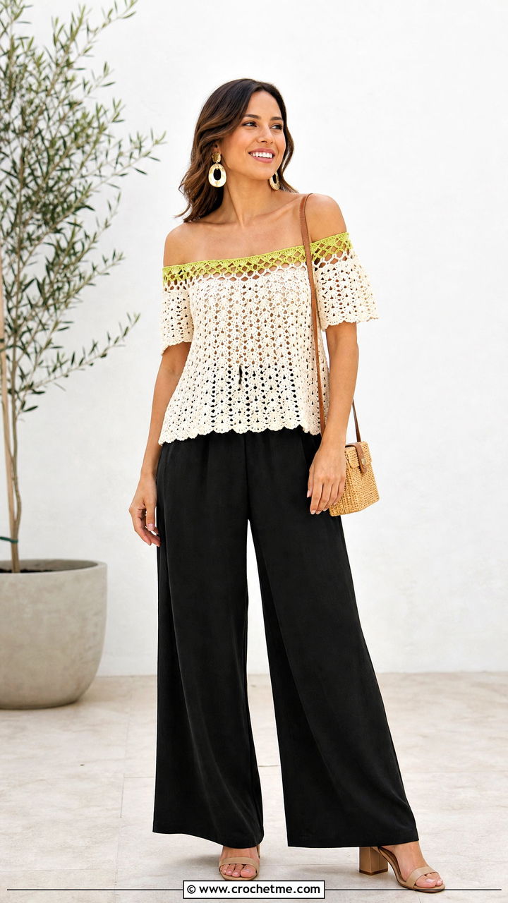 Cream Off Shoulder Crochet Top With Wide Leg Pants - 35 Cream Crochet Top outfit ideas