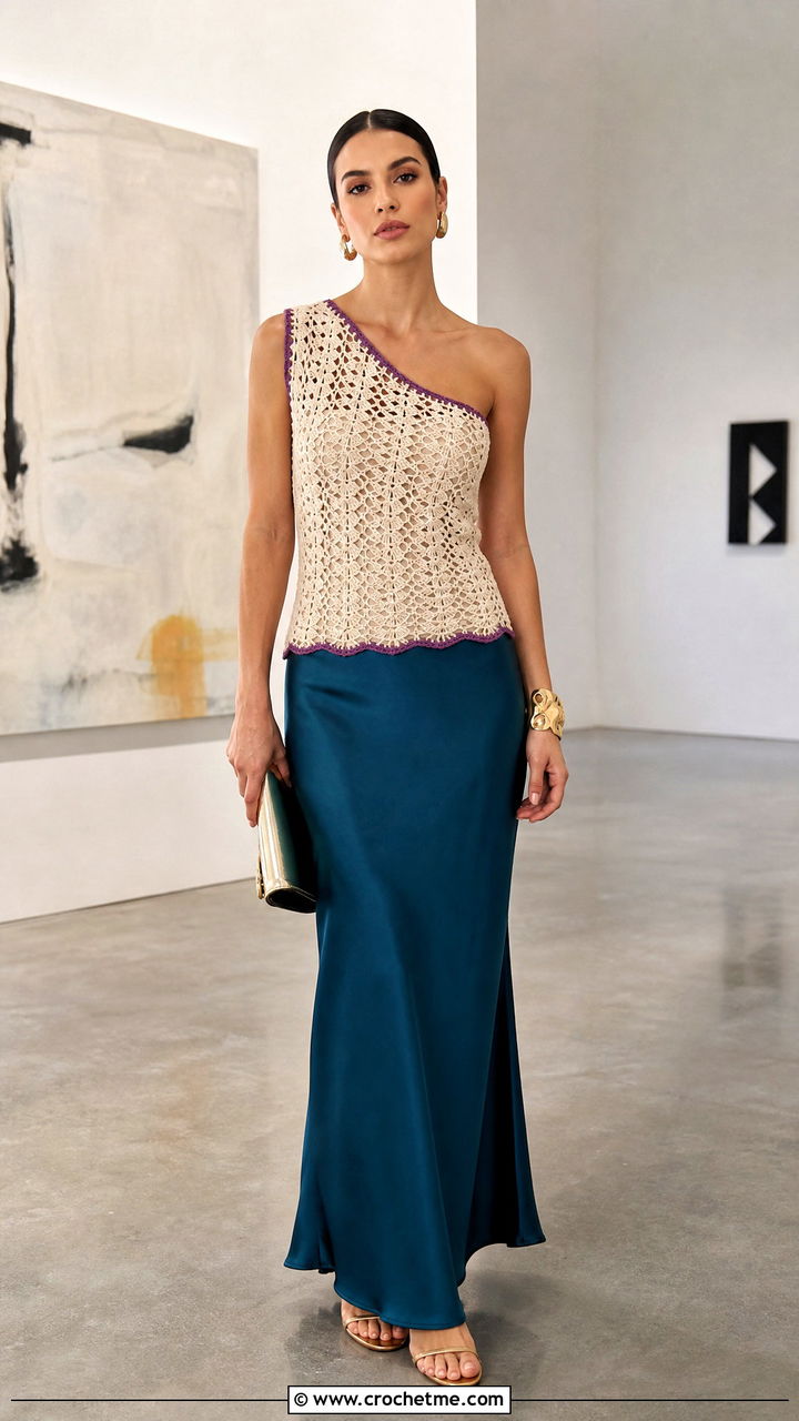 Cream One Shoulder Crochet Top With Slip Skirt - 35 Cream Crochet Top outfit ideas